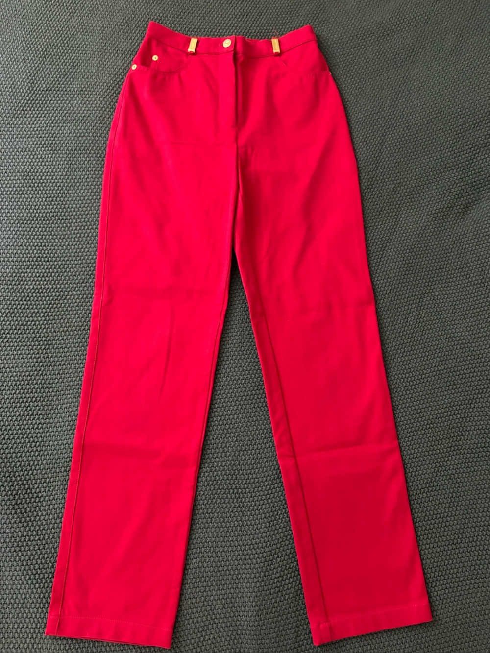 St. John Bold Red Straight-Leg Pants with Gold Accents